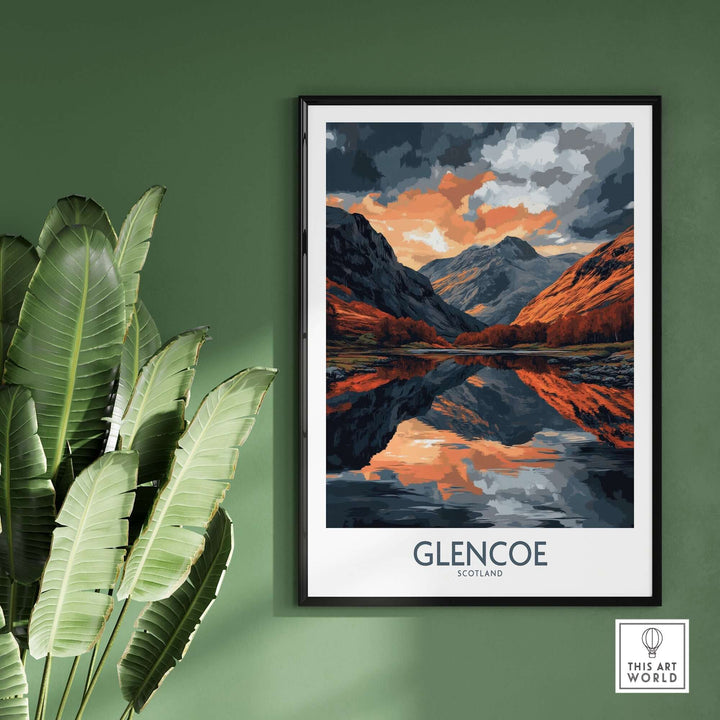 Glencoe wall art poster featuring a stunning landscape of mountains and reflections, enhancing home decor with a moody aesthetic.