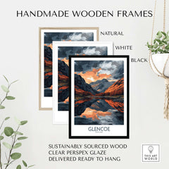 Glencoe Wall Art Poster displayed in natural, white, and black handmade wooden frames.