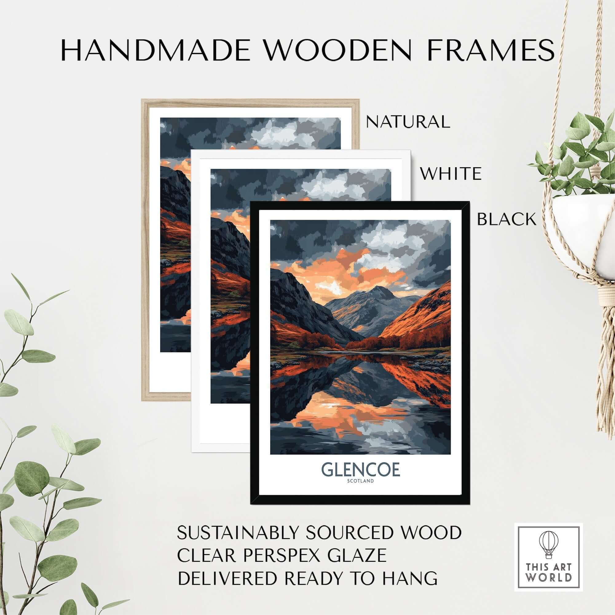 Glencoe Wall Art Poster displayed in natural, white, and black handmade wooden frames.