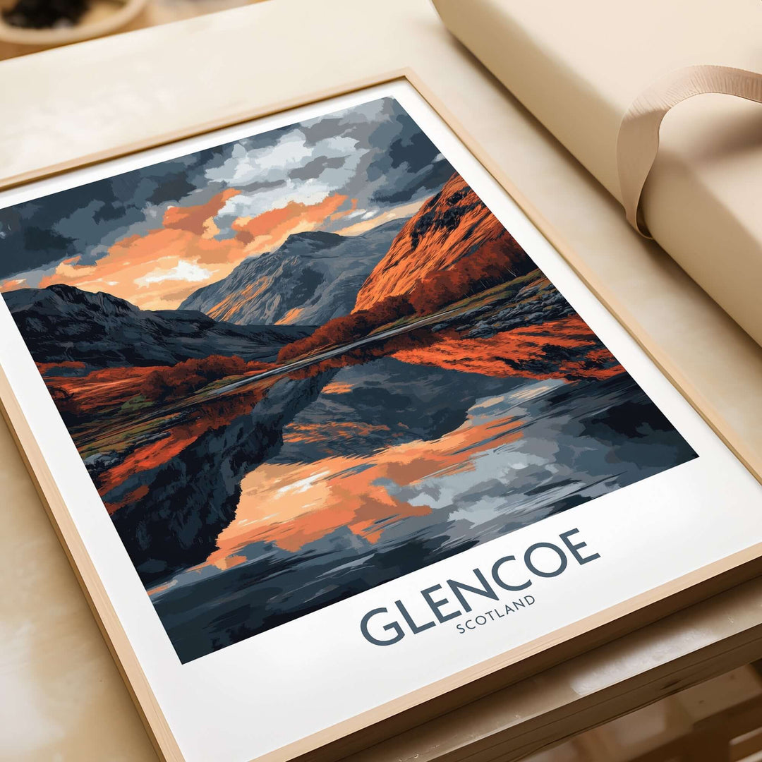 Glencoe wall art poster featuring a stunning landscape of mountains and reflections in the water, perfect for home decor.