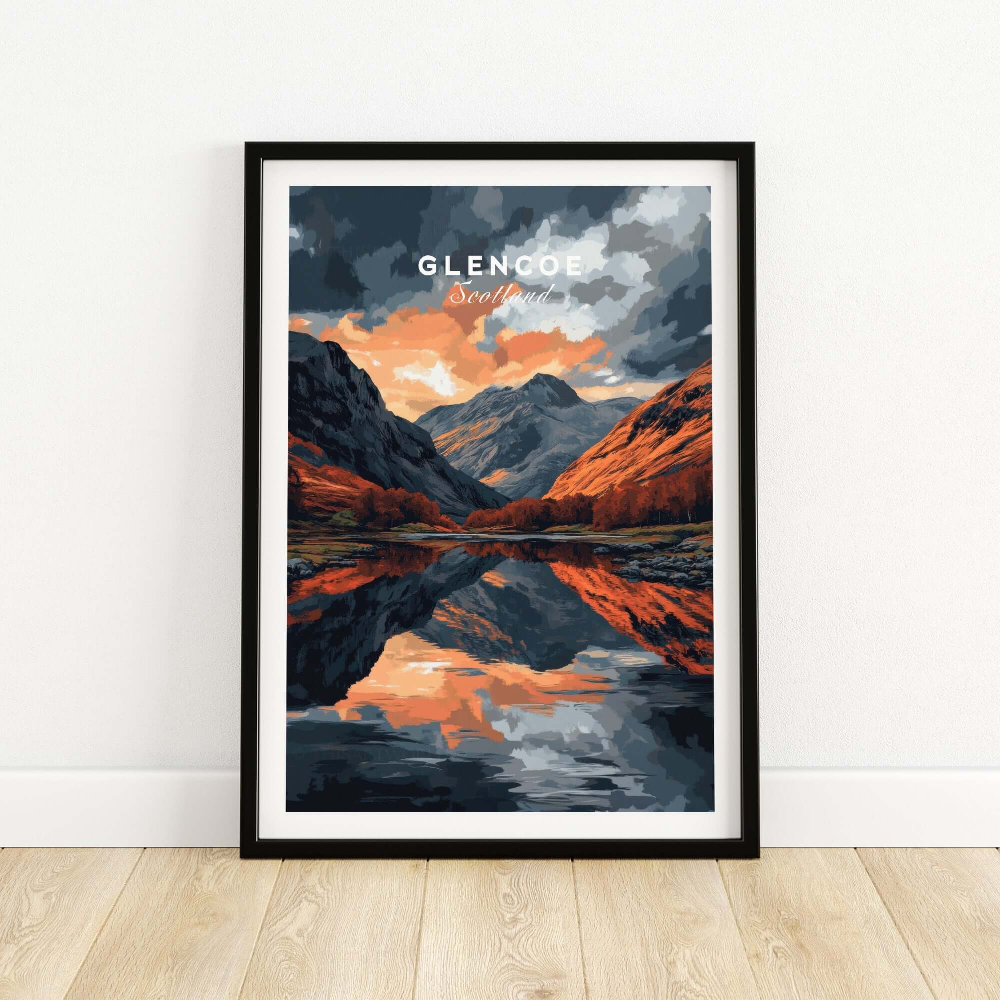 Glencoe Wall Art showcasing a stunning landscape of the Scottish Highlands with colorful reflections on water.
