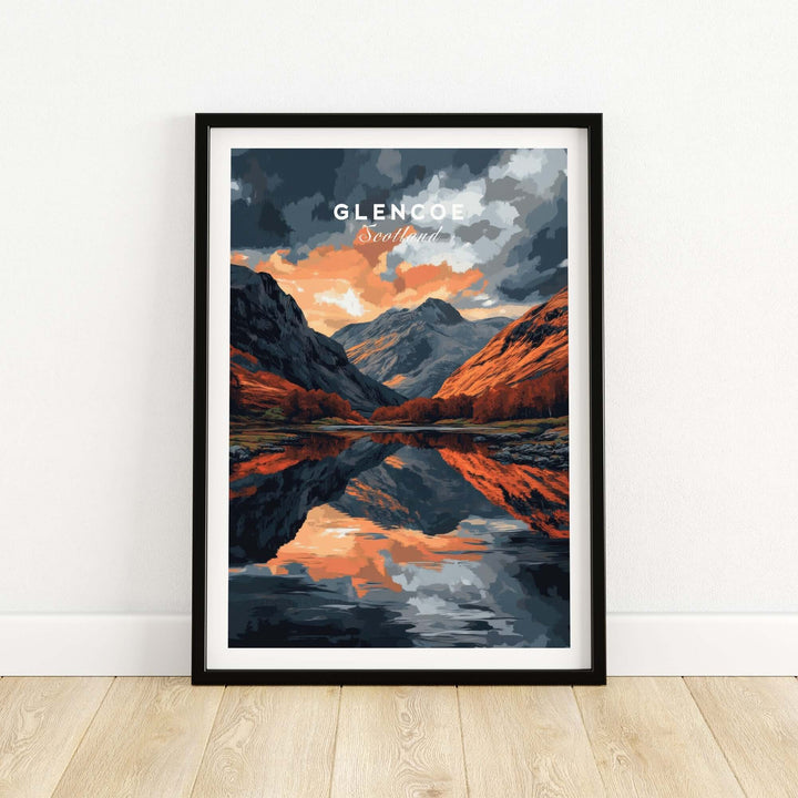 "Stunning Glencoe wall art depicting Scottish Highlands landscape with vibrant colors and mountain reflections in water."