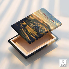 Gleneagles Poster Scotland displayed on a beautifully designed wooden box showcasing the iconic landscape of Scotland.