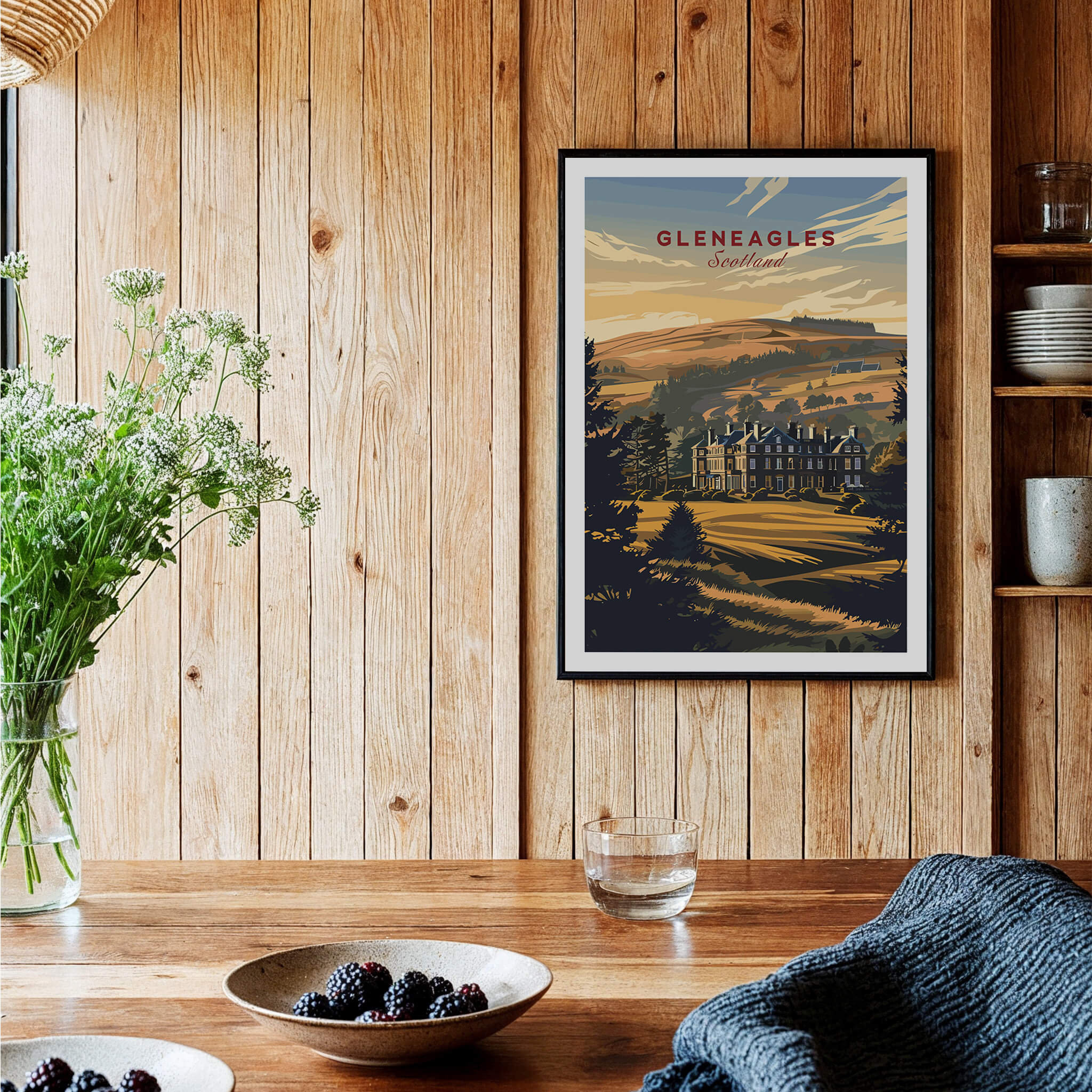 Gleneagles Poster Scotland displayed in a rustic wooden interior with plants and a bowl of berries.