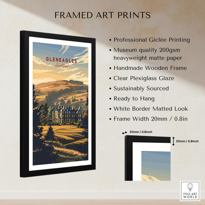 Gleneagles Poster Scotland framed art print showcasing the stunning landscape of Scotland with a wooden frame.