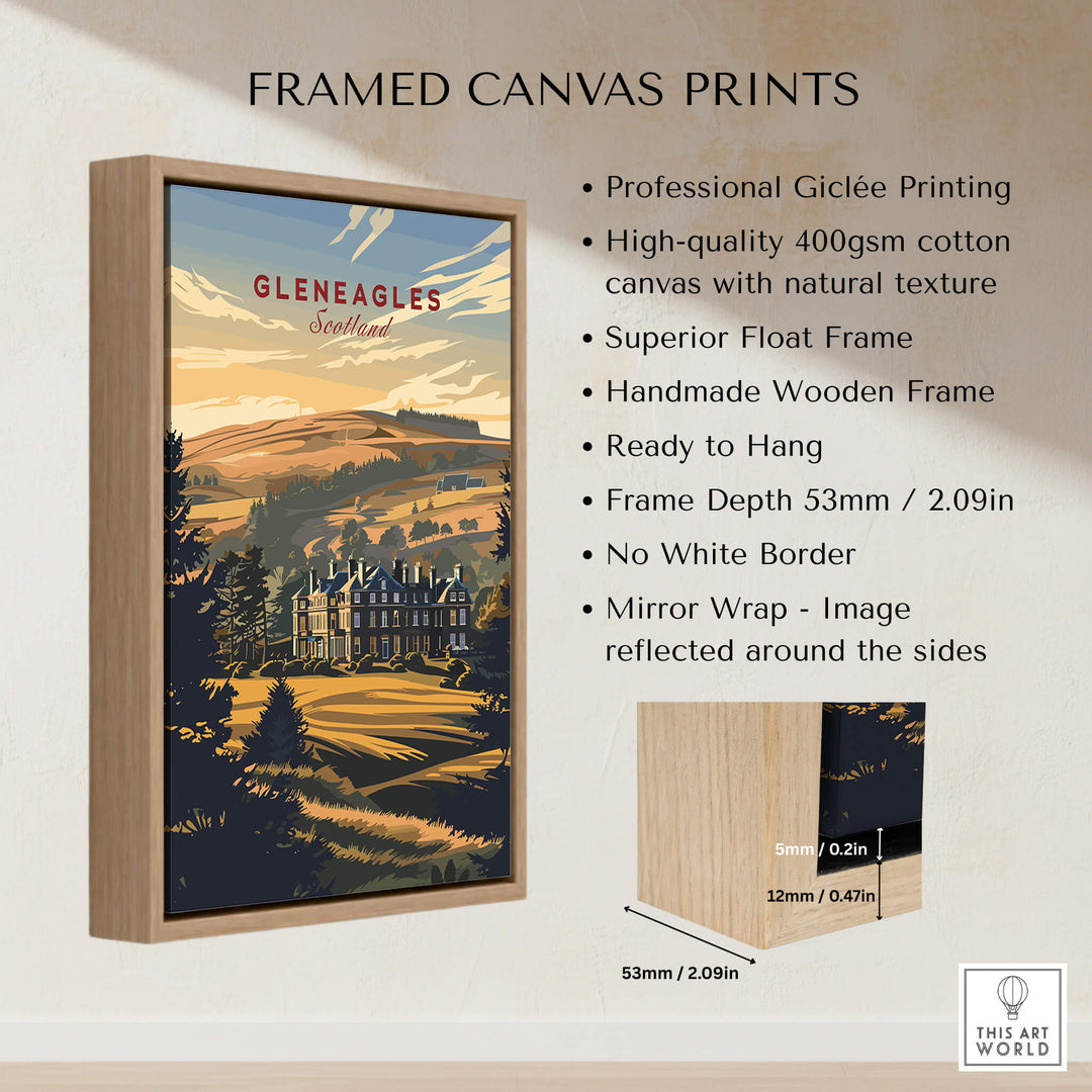 Gleneagles Poster Scotland framed canvas print showcasing iconic Scottish landscape with wooden frame.