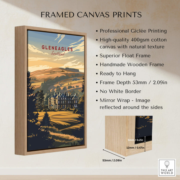 Gleneagles Poster Scotland framed canvas print showcasing iconic Scottish landscape with wooden frame.