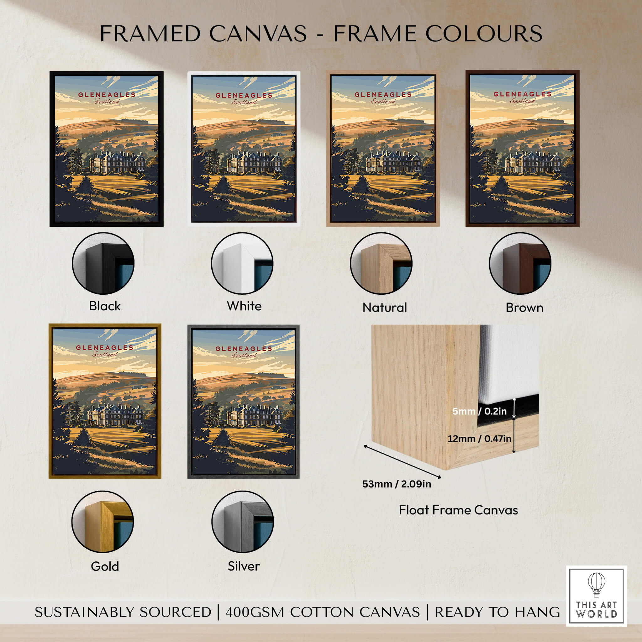 Framed canvas options for Gleneagles Poster Scotland showcasing various frame colours: black, white, natural, brown, gold, silver.