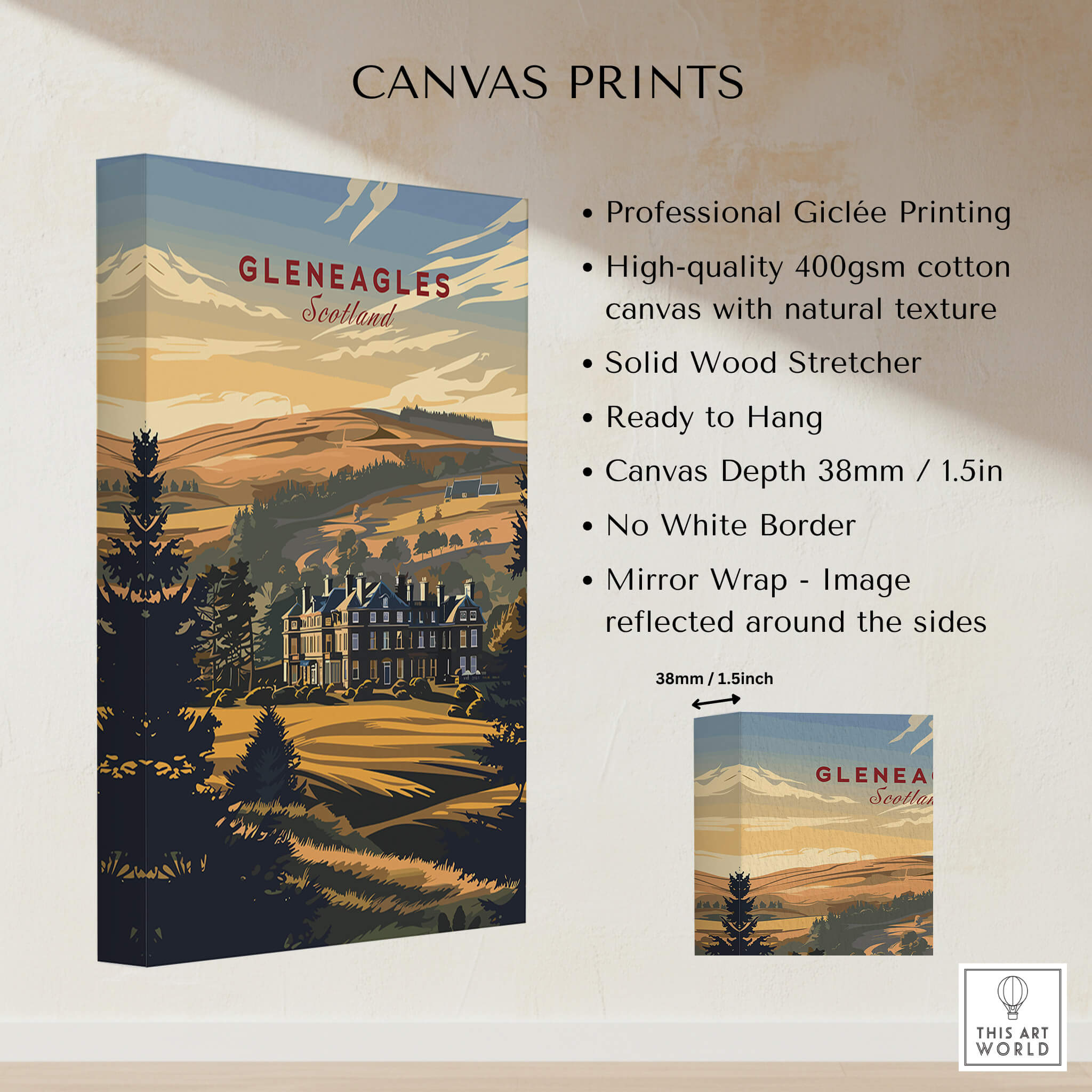 Gleneagles Poster Scotland showcasing Scottish landscape, perfect for home decor and adventure enthusiasts.