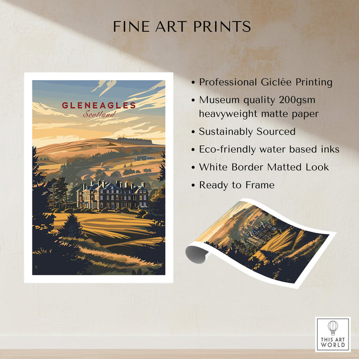 Gleneagles Poster Scotland showcasing iconic landscape, professionally printed on heavyweight matte paper.