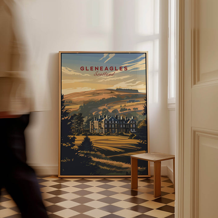 Gleneagles Poster Scotland displayed in a stylish interior, capturing the scenic beauty of Scotland.
