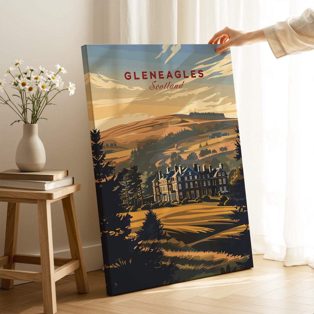 Gleneagles Poster Scotland featuring the iconic landscape of Gleneagles with vibrant colors and stunning design.