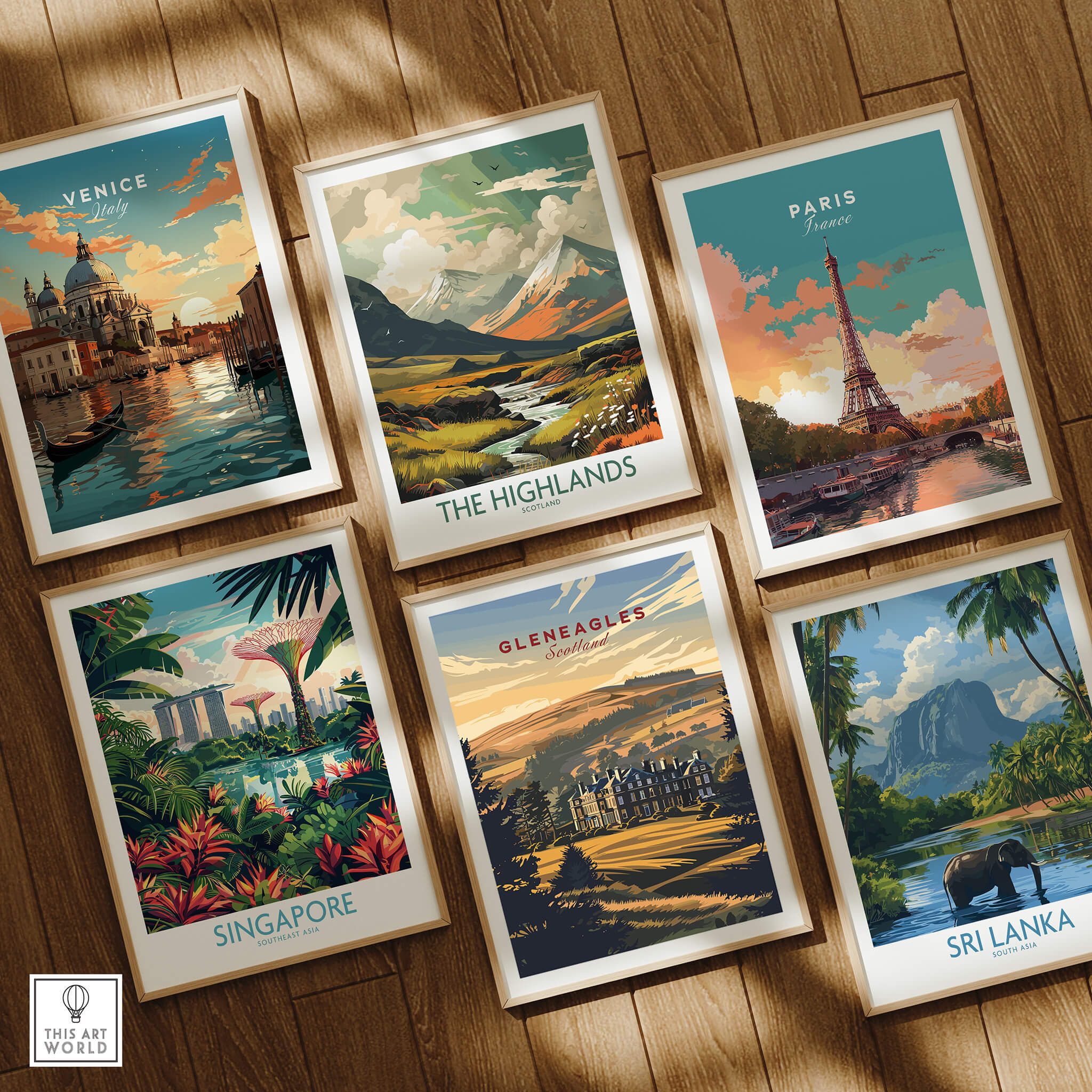A collection of travel posters including Venice, The Highlands, Paris, Gleneagles Poster Scotland, Singapore, and Sri Lanka.