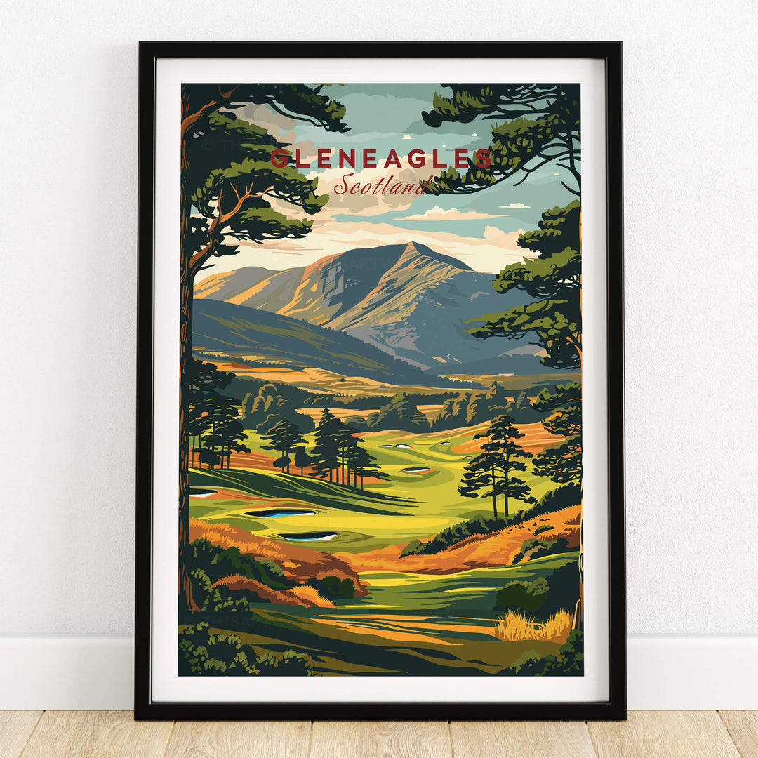 Gleneagles Golf Print Scotland showcasing the beautiful landscape of Gleneagles Golf Course in a vibrant framed design.