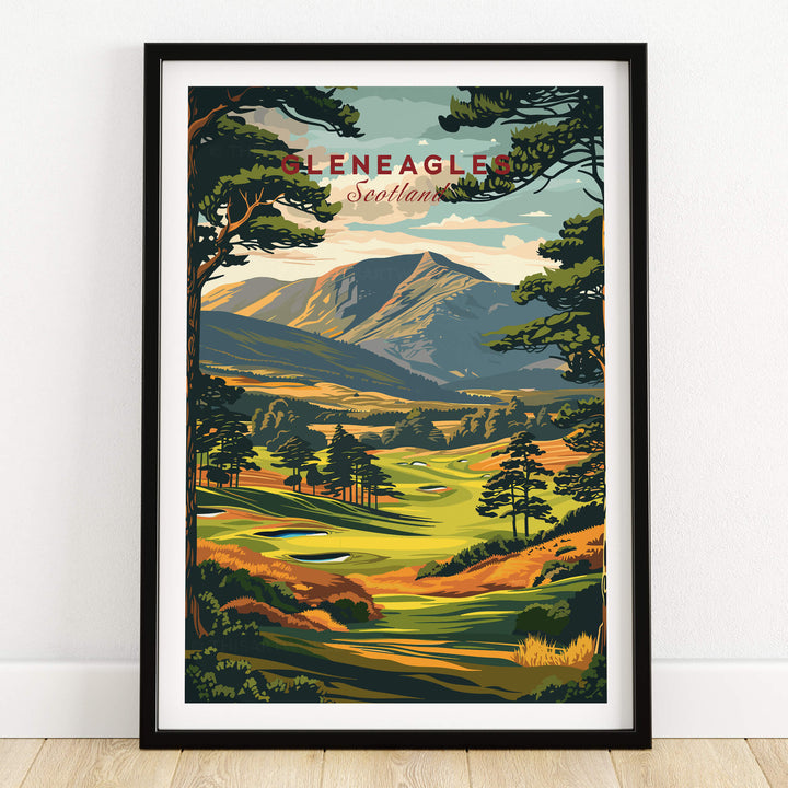 Gleneagles Golf Print Scotland showcasing the beautiful landscape of Gleneagles Golf Course in a vibrant framed design.