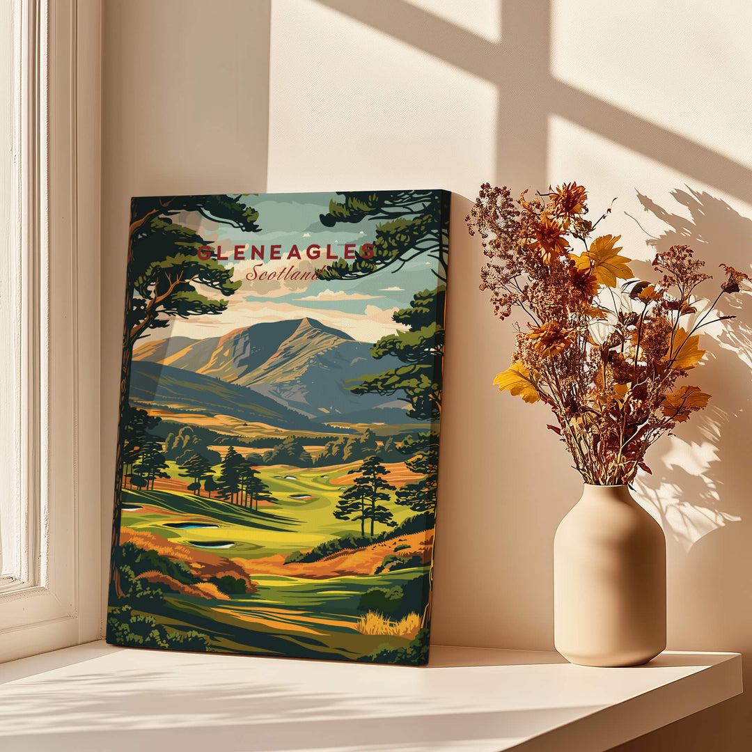 Gleneagles Golf Print Scotland displayed in a sunlit room with a vase of flowers.