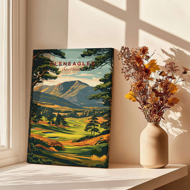 Gleneagles Golf Print Scotland displayed in a sunlit room with a vase of flowers.