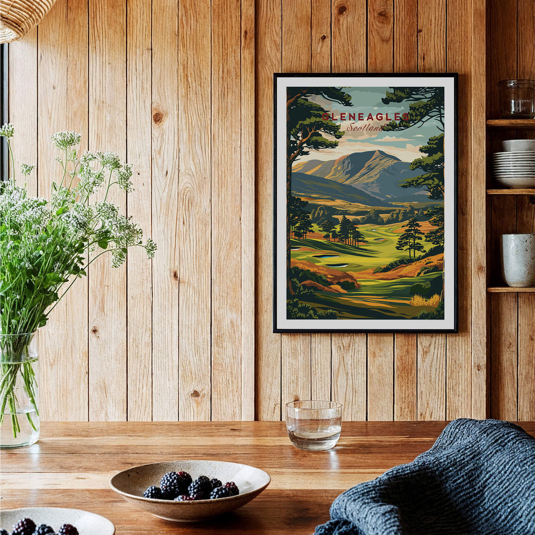 Gleneagles Golf Print Scotland displayed in a cozy home setting with wooden walls and vibrant decor.