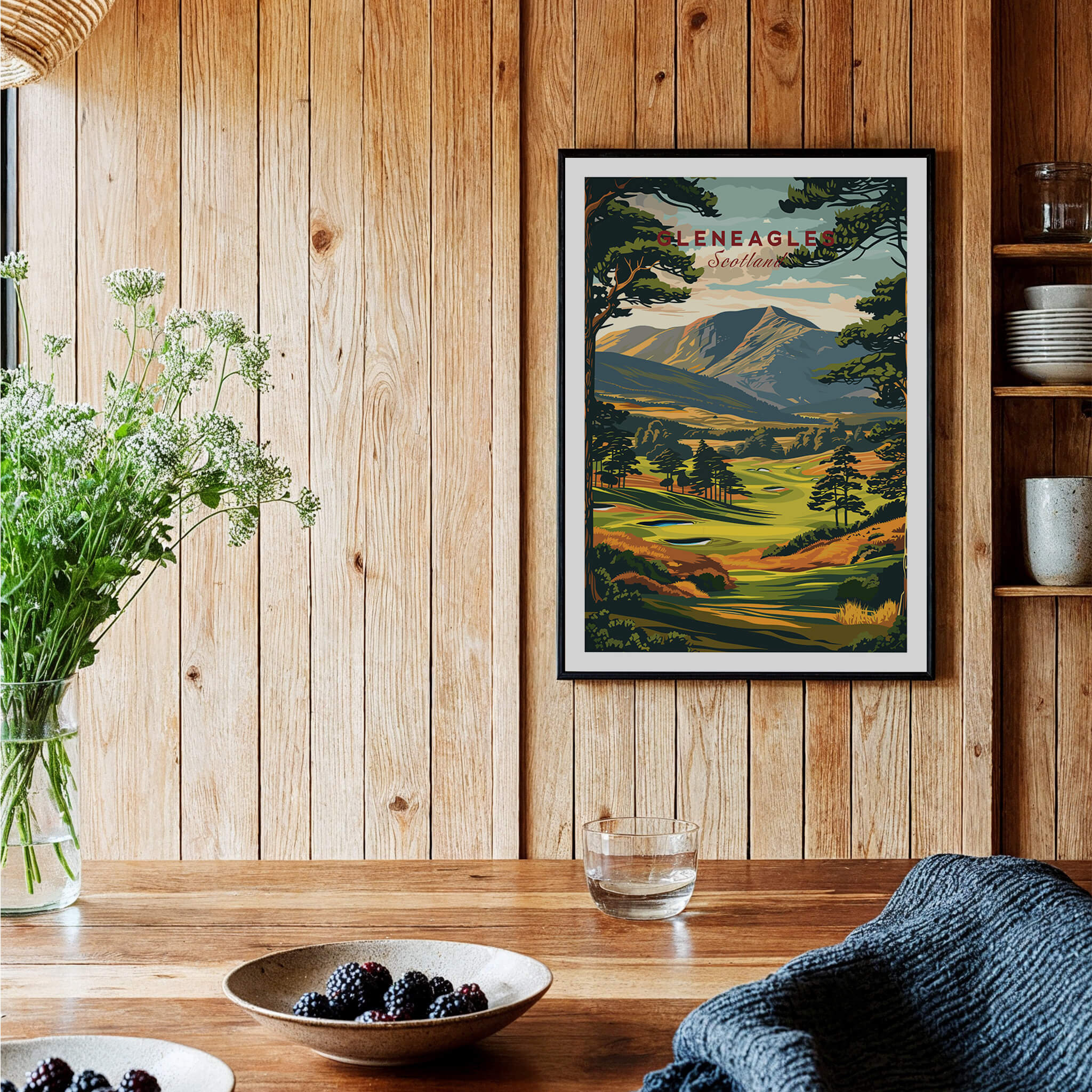 Gleneagles Golf Print Scotland displayed in a cozy home setting with wooden walls and vibrant decor.