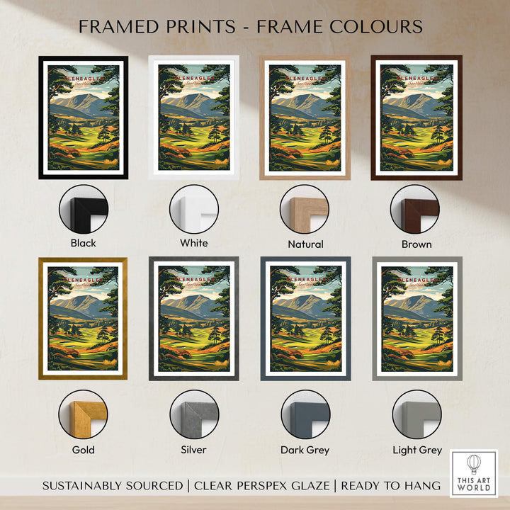 Framed prints showcasing frame colors for the Gleneagles Golf Print Scotland, including black, white, natural, and brown.