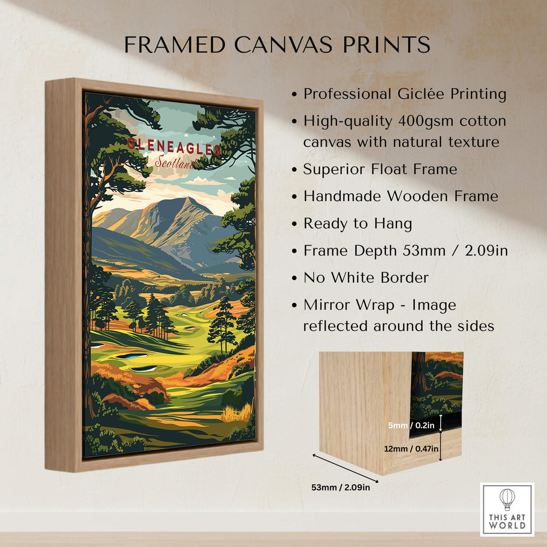 Framed print of Gleneagles Golf Print Scotland featuring vibrant colors and a handmade wooden frame.