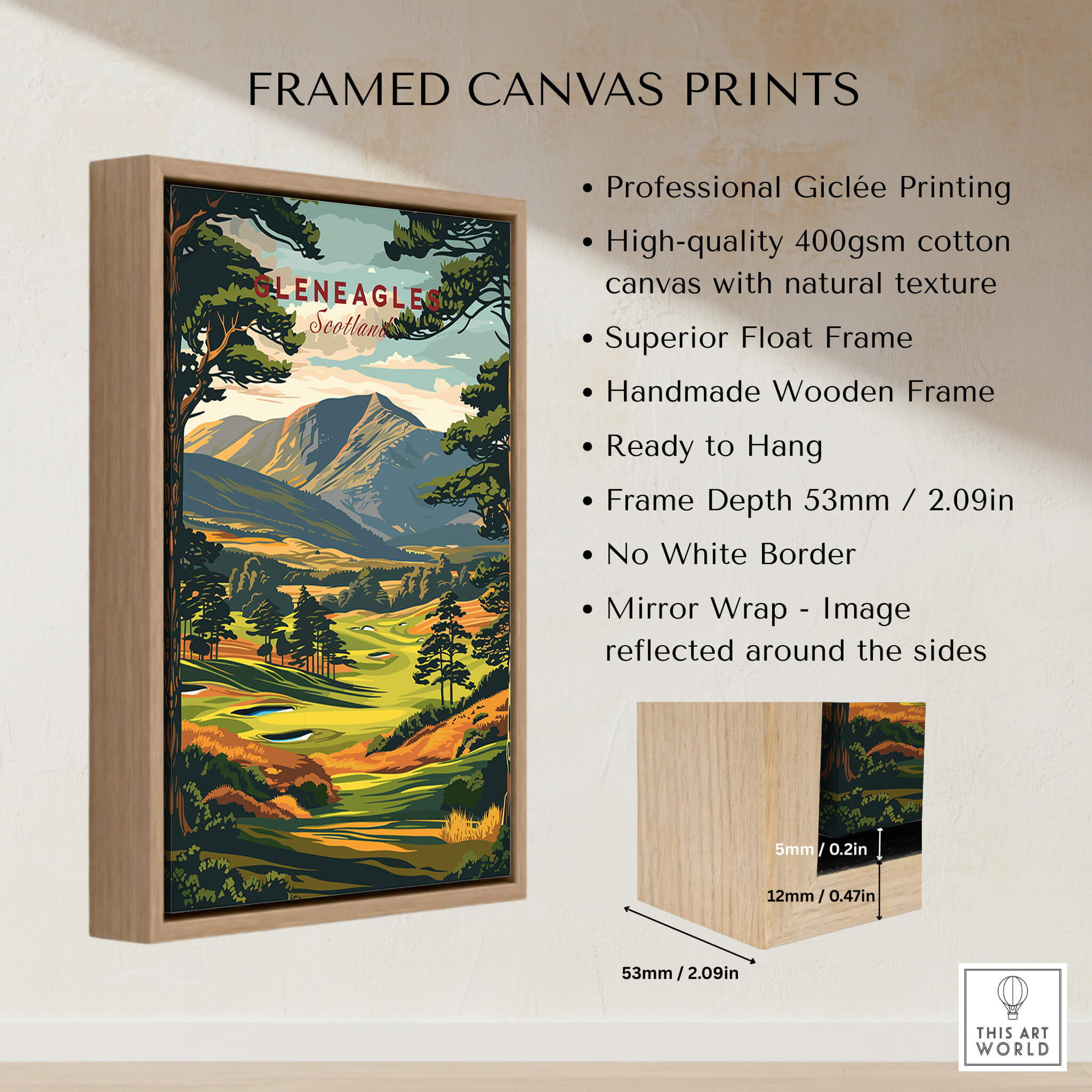 Framed print of Gleneagles Golf Print Scotland featuring vibrant colors and a handmade wooden frame.