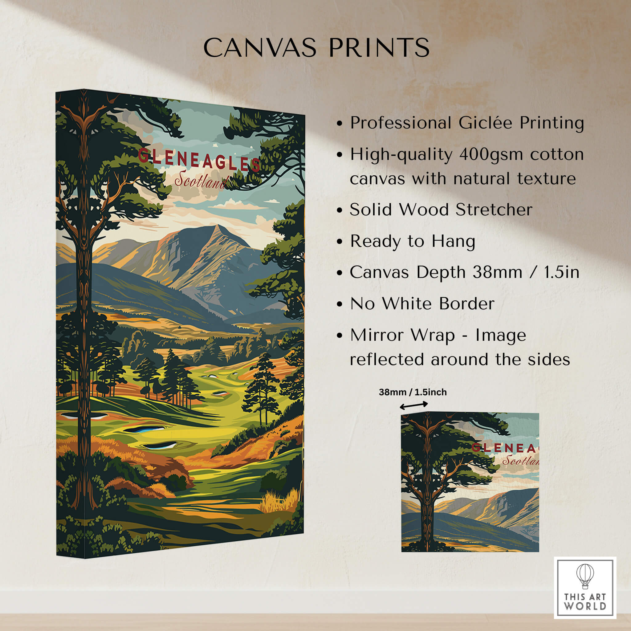 Gleneagles Golf Print Scotland showcasing high-quality Giclée printing and natural canvas texture.