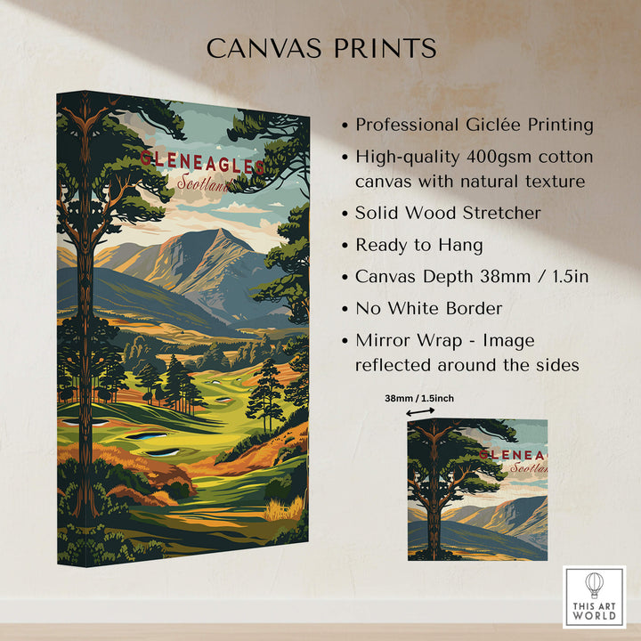 Gleneagles Golf Print Scotland showcasing high-quality Giclée printing and natural canvas texture.