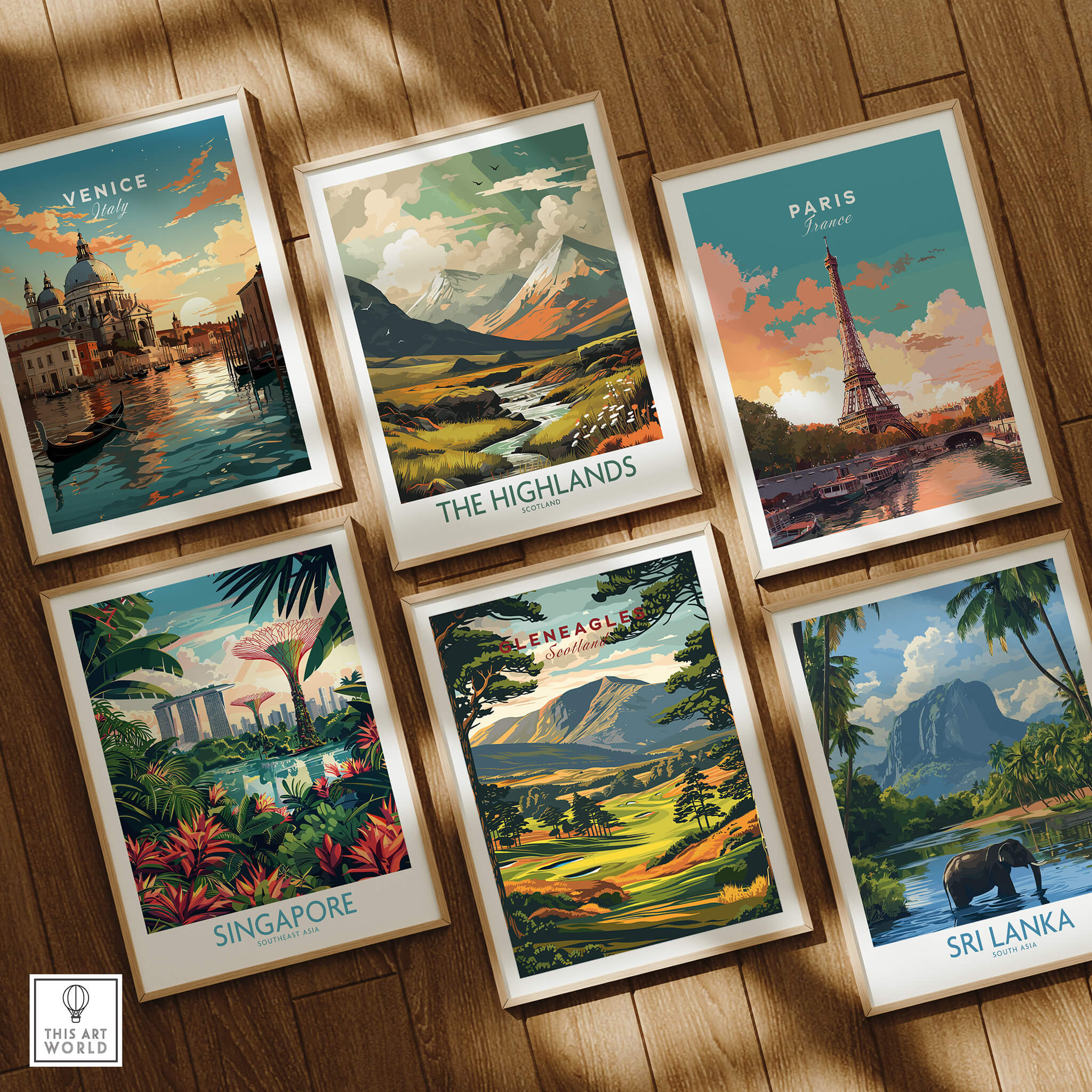 Gallery of travel posters featuring Venice, The Highlands, Paris, Singapore, Gleneagles Golf Print Scotland, and Sri Lanka.