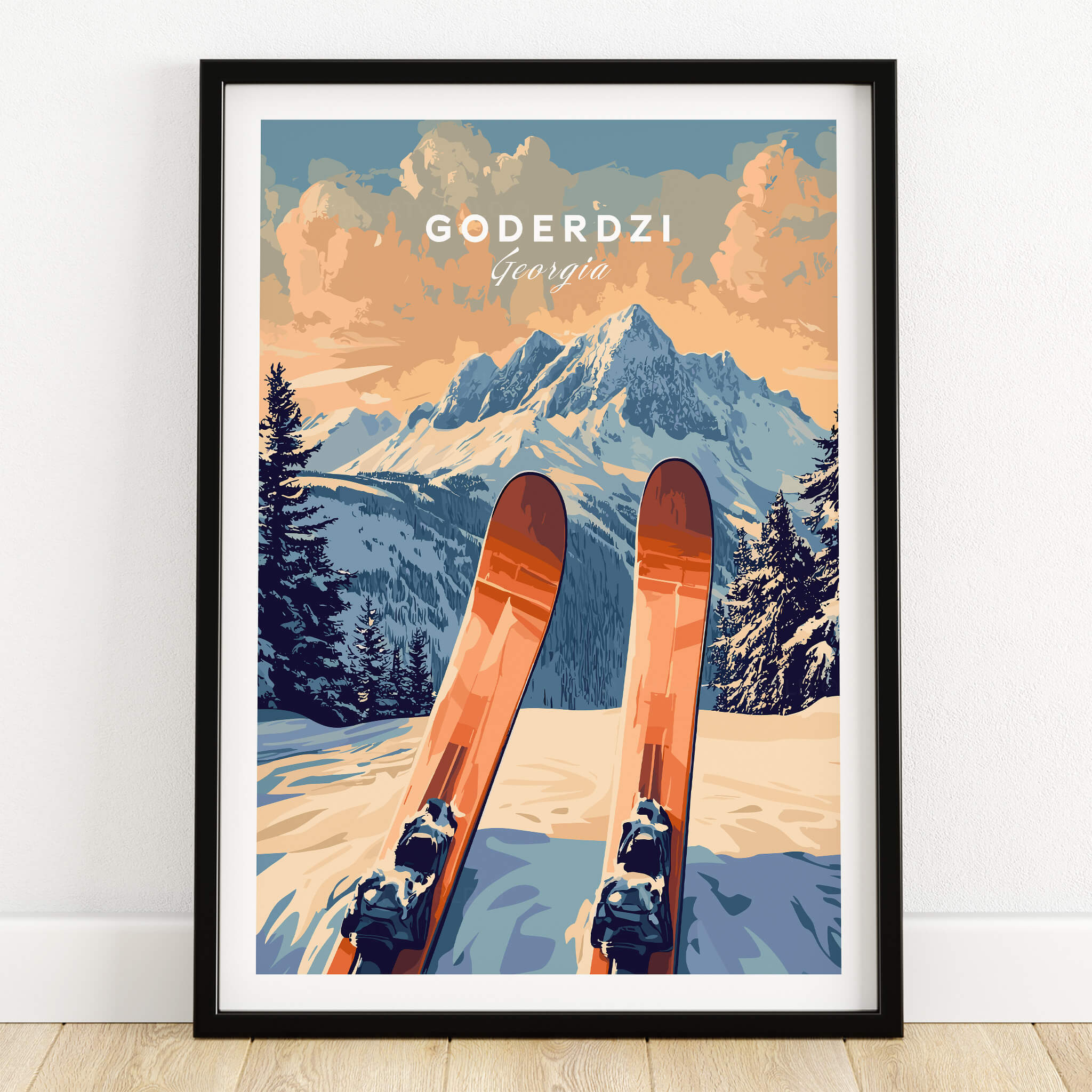 Goderdzi Ski Print featuring skis on snow with mountains in the background, capturing the essence of ski adventures.