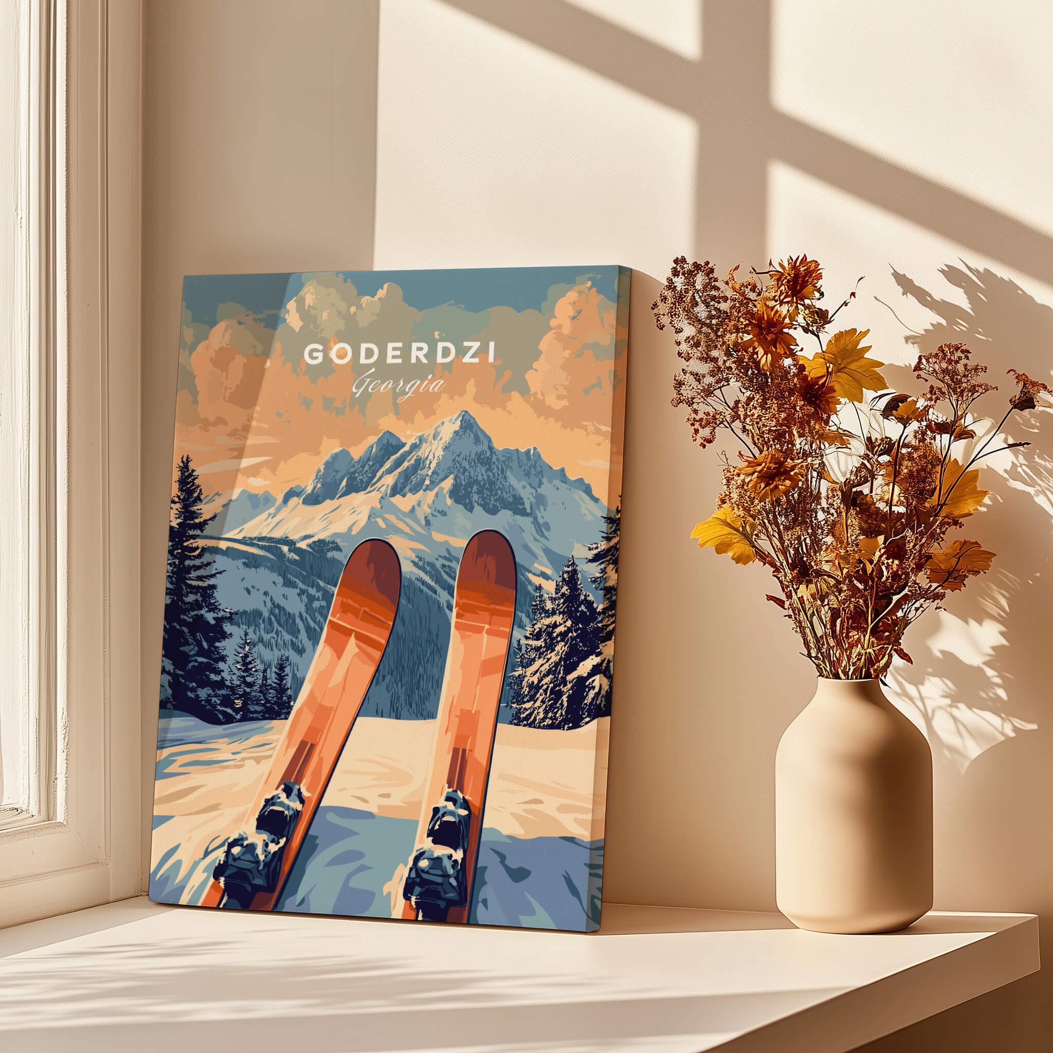 Goderdzi Ski Print featuring vibrant artwork of ski equipment and mountains, perfect for ski lovers.