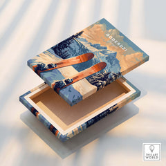 Goderdzi Ski Print decorative box featuring skis and mountain scenery, perfect for ski lovers.