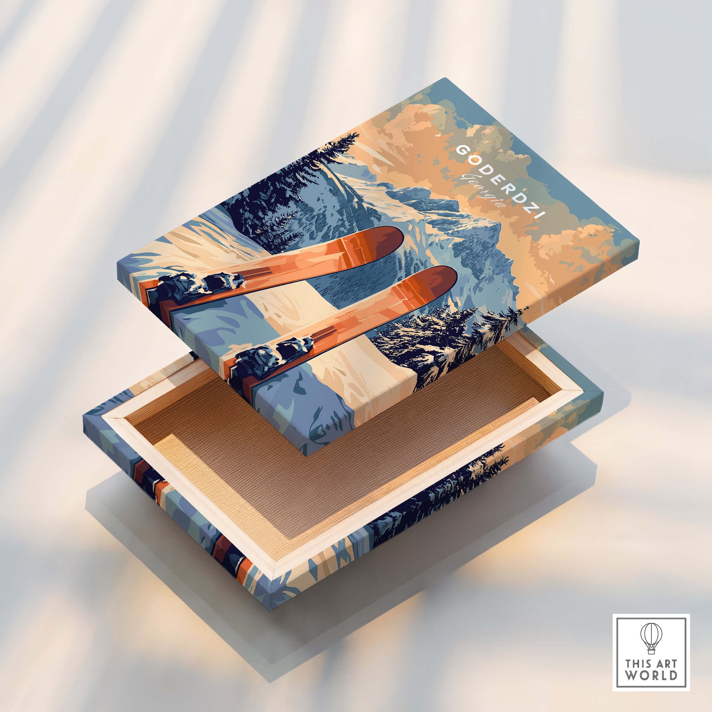 Goderdzi Ski Print decorative box featuring skis and mountain scenery, perfect for ski lovers.