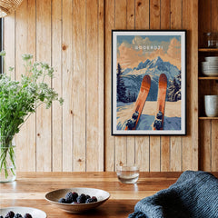 Goderdzi Ski Print featuring vibrant skis against a mountain backdrop, perfect for ski lovers' wall decor.