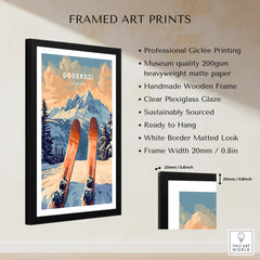 Framed Goderdzi Ski Print showcasing beautiful mountain scenery and vibrant skis, perfect for ski lovers.