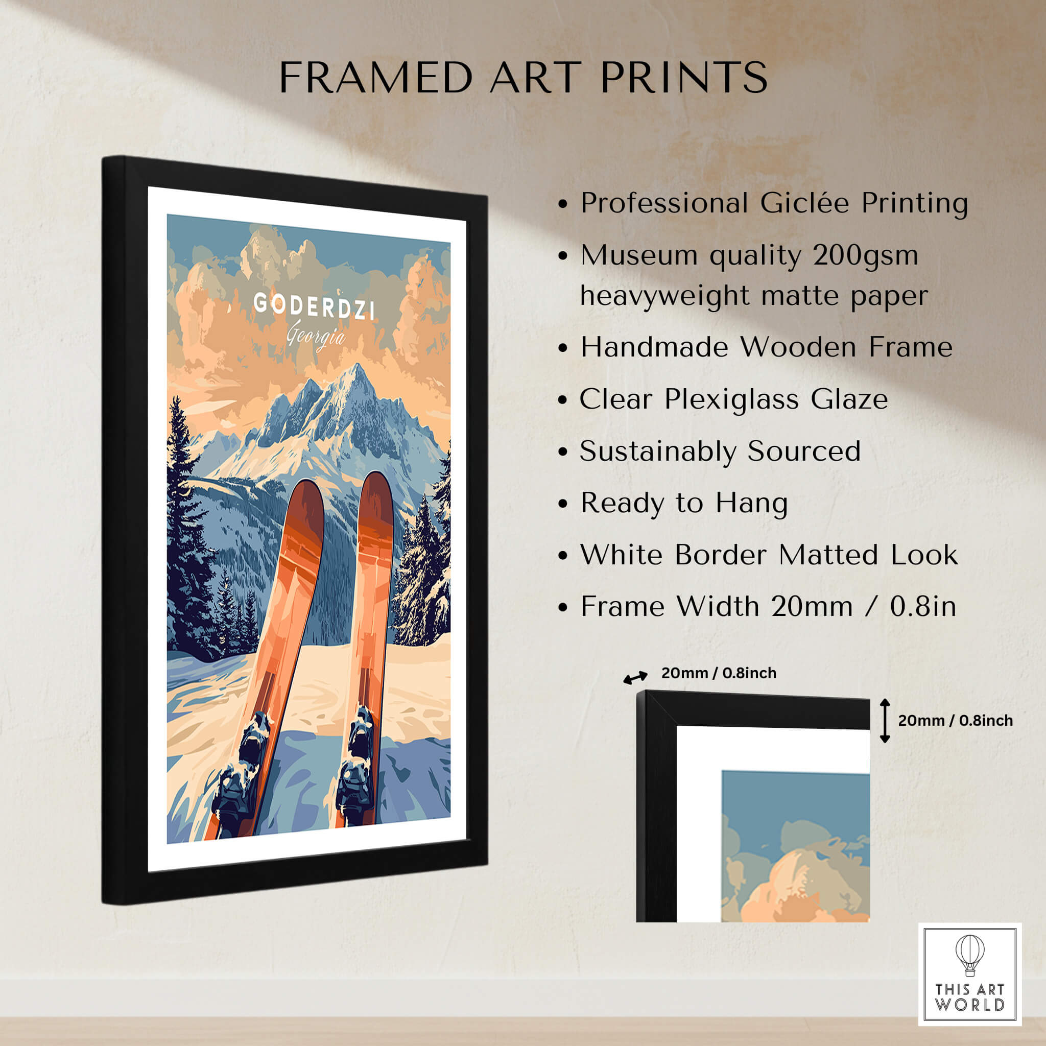Framed Goderdzi Ski Print showcasing beautiful mountain scenery and vibrant skis, perfect for ski lovers.