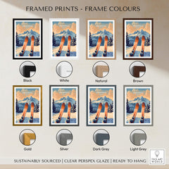Framed Goderdzi Ski Print in various frame colors including black, white, natural, brown, gold, silver, dark grey, and light grey.