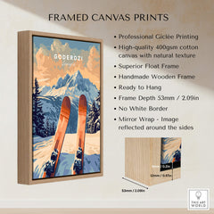 Goderdzi Ski Print framed canvas print featuring mountains and skis, perfect for ski lovers and home decor.