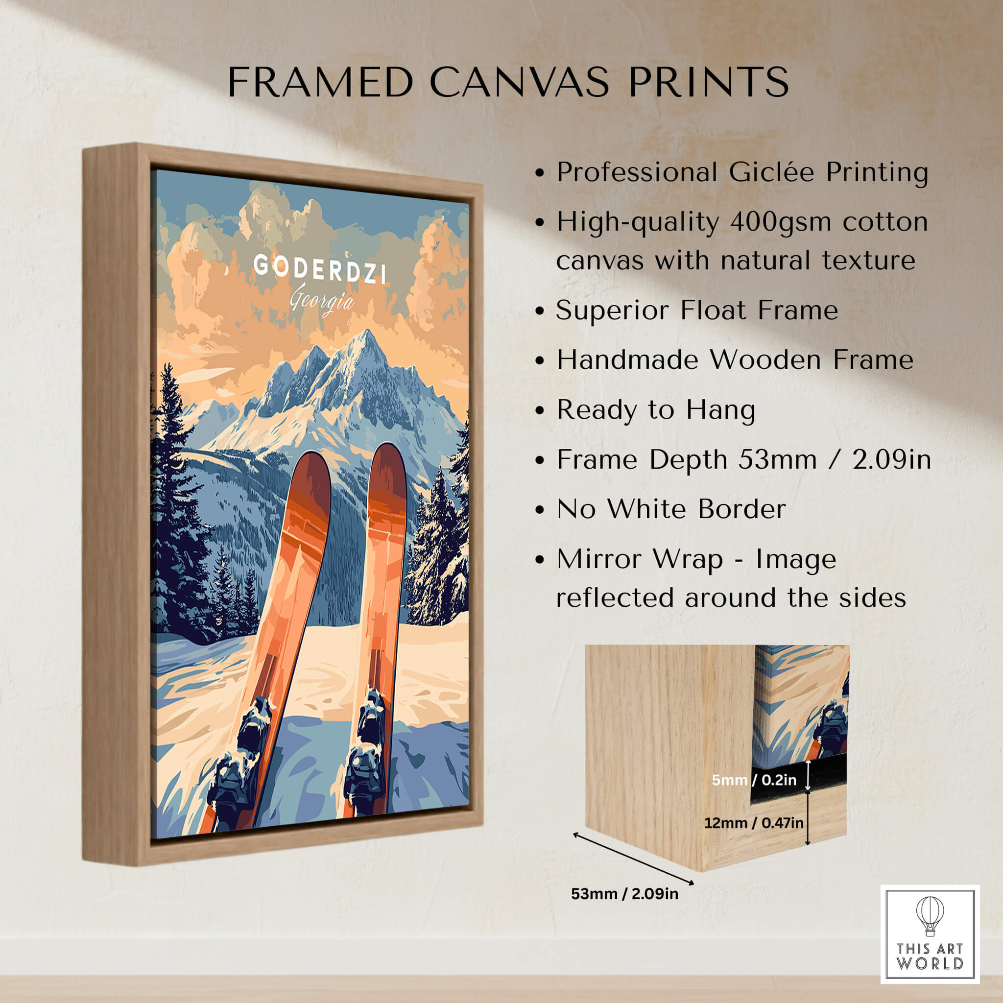 Goderdzi Ski Print framed canvas print featuring mountains and skis, perfect for ski lovers and home decor.