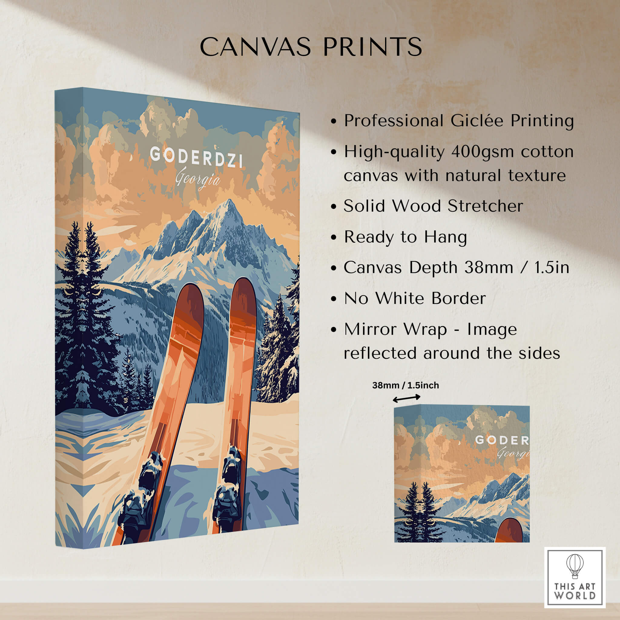 Goderdzi Ski Print featuring professional Giclée printing on high-quality canvas with vibrant mountain scenery.