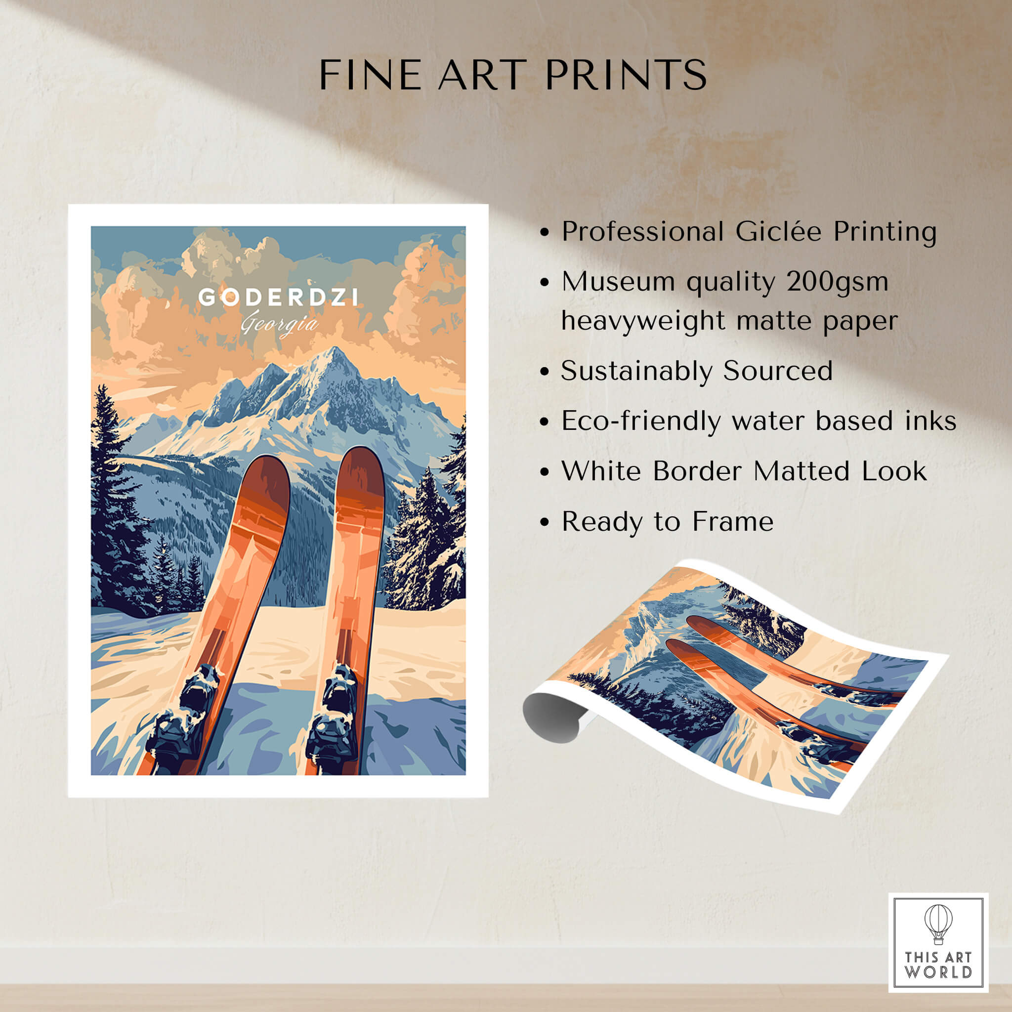 Goderdzi Ski Print showcasing beautiful ski slopes with skis, professional Giclée printing on eco-friendly paper.