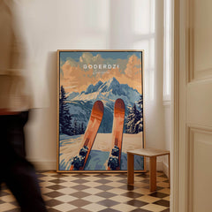 Goderdzi Ski Print featuring vintage skis on a snowy mountain, ideal for ski enthusiasts and home decor.