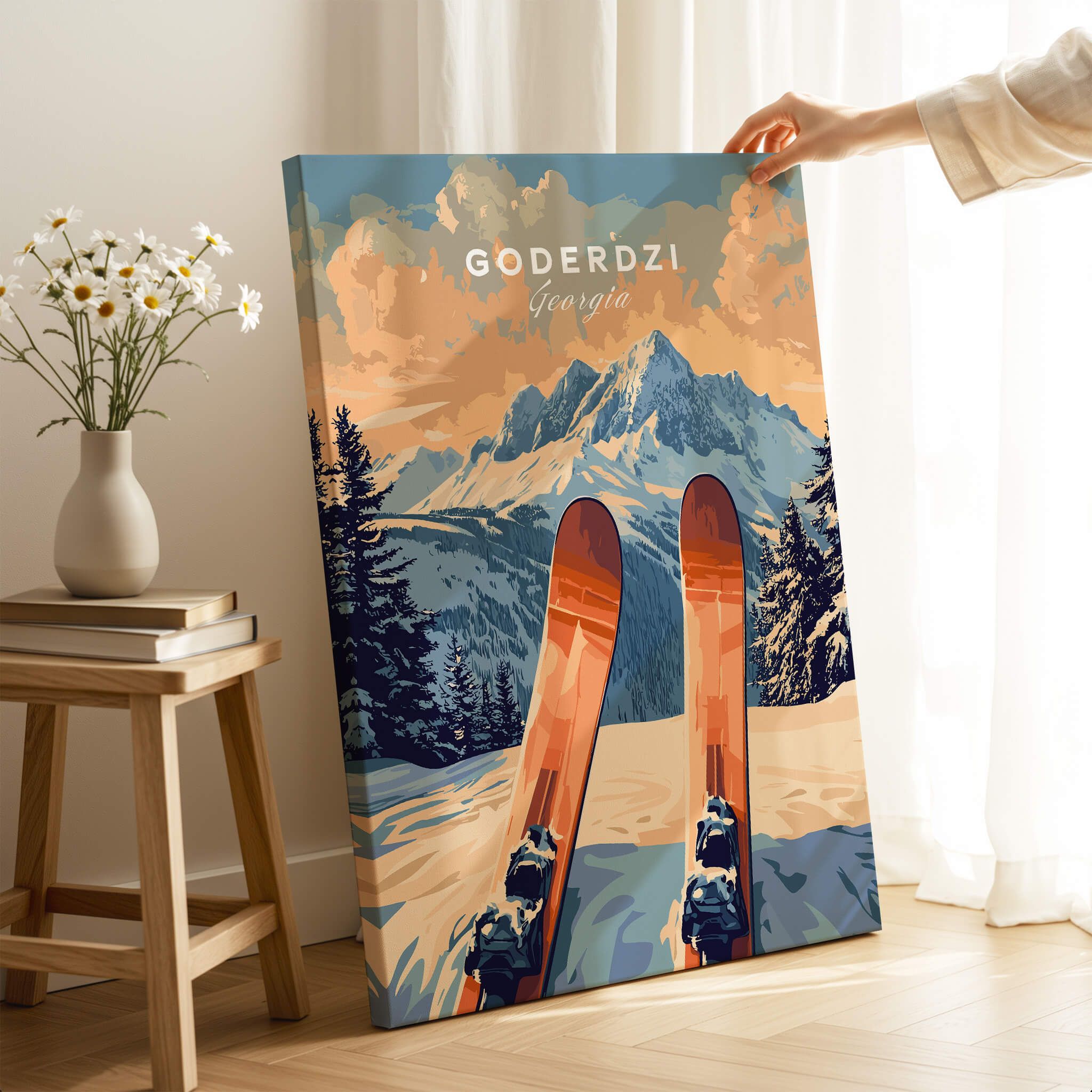 Goderdzi Ski Print featuring skis and mountains, perfect for ski lovers seeking adventure decor.