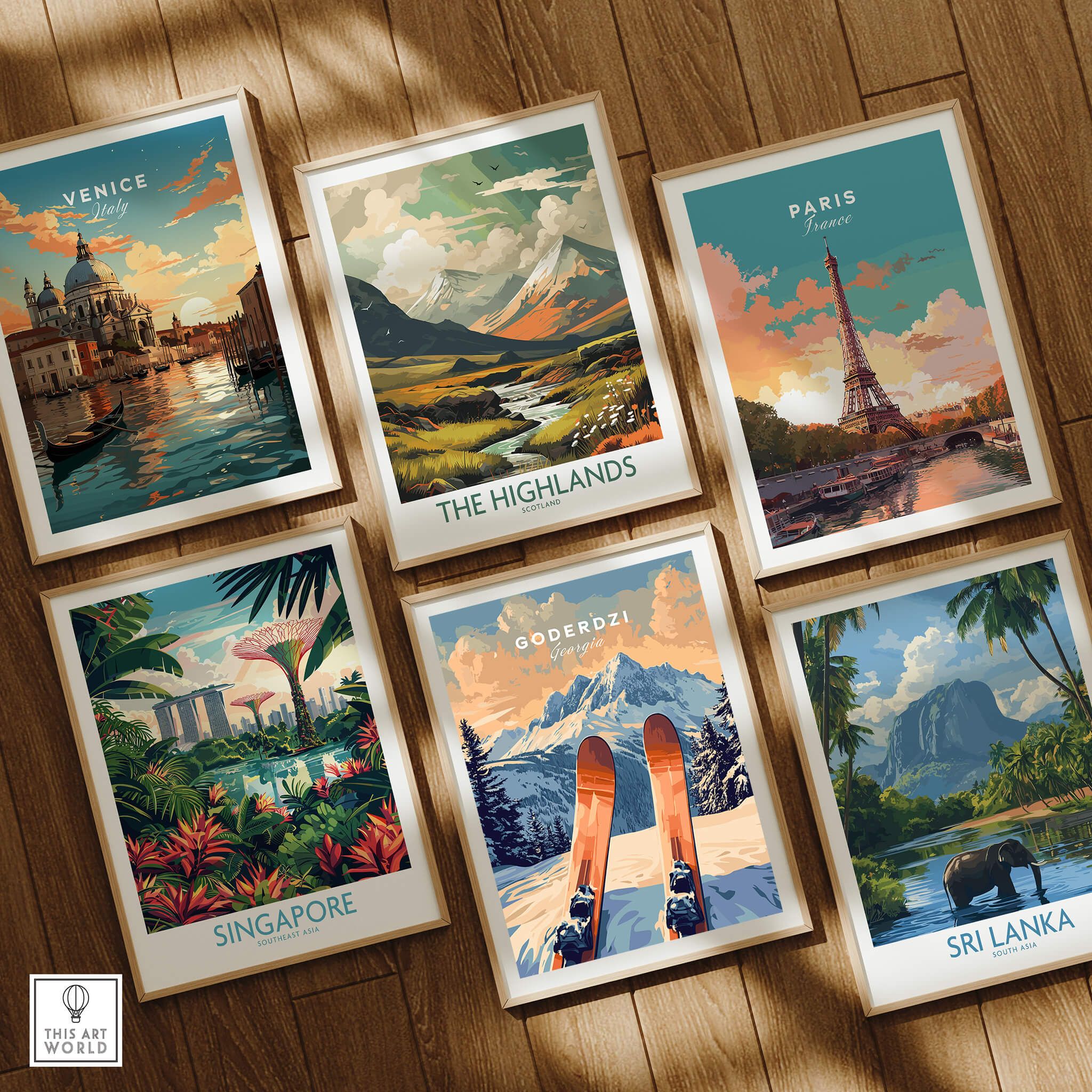 Collection of travel prints featuring Venice, The Highlands, Paris, Goderdzi Ski Print, Singapore, and Sri Lanka.