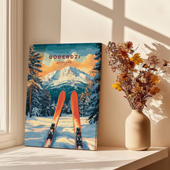 Goderdzi Ski Wall Art Print Georgia displayed in a sunlit room with flowers, capturing the beauty of skiing in Georgia.