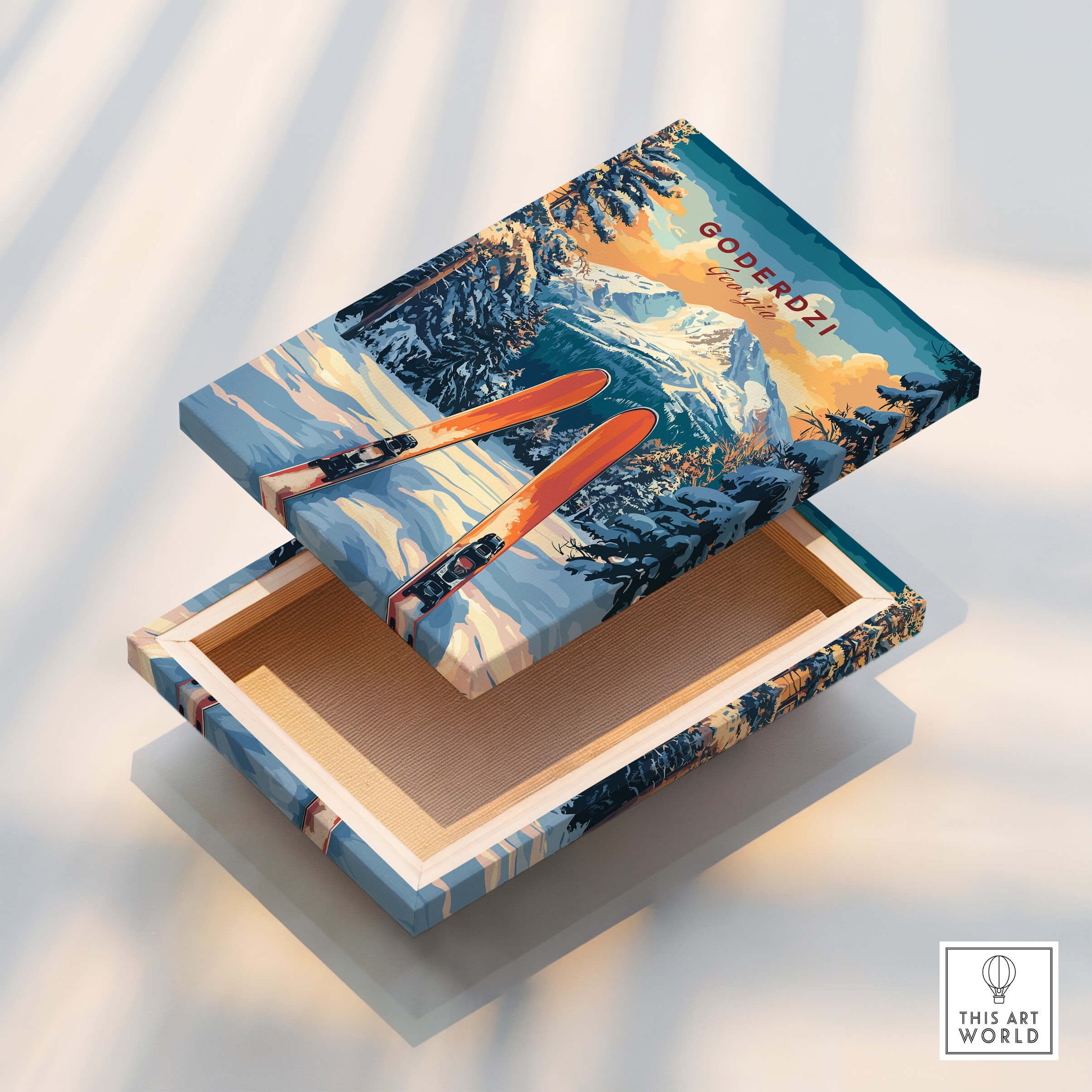Goderdzi Ski Wall Art Print Georgia featuring a beautifully designed ski box showcasing mountain views.