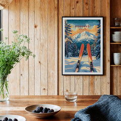 Goderdzi Ski Wall Art Print Georgia displayed in a rustic interior setting with wooden walls and ski imagery.