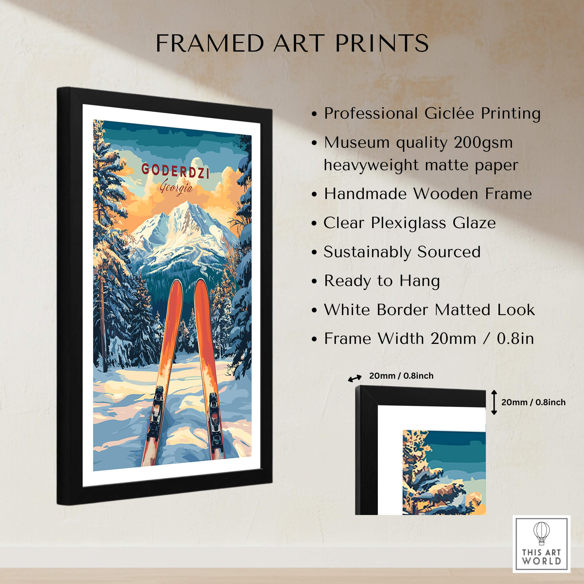 Goderdzi Ski Wall Art Print Georgia framed with professional giclée printing and handcrafted wooden frame.