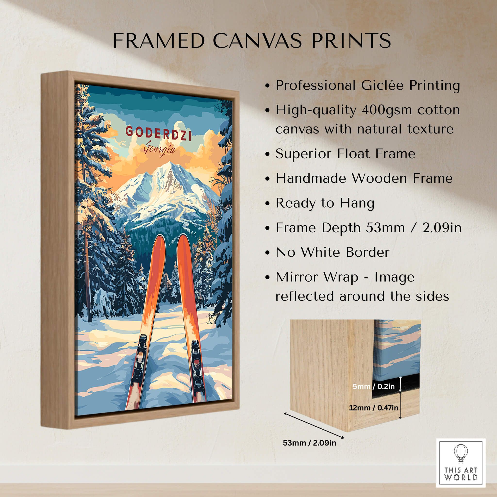 Goderdzi Ski Wall Art Print Georgia framed canvas print showcasing snowy mountains and ski equipment.