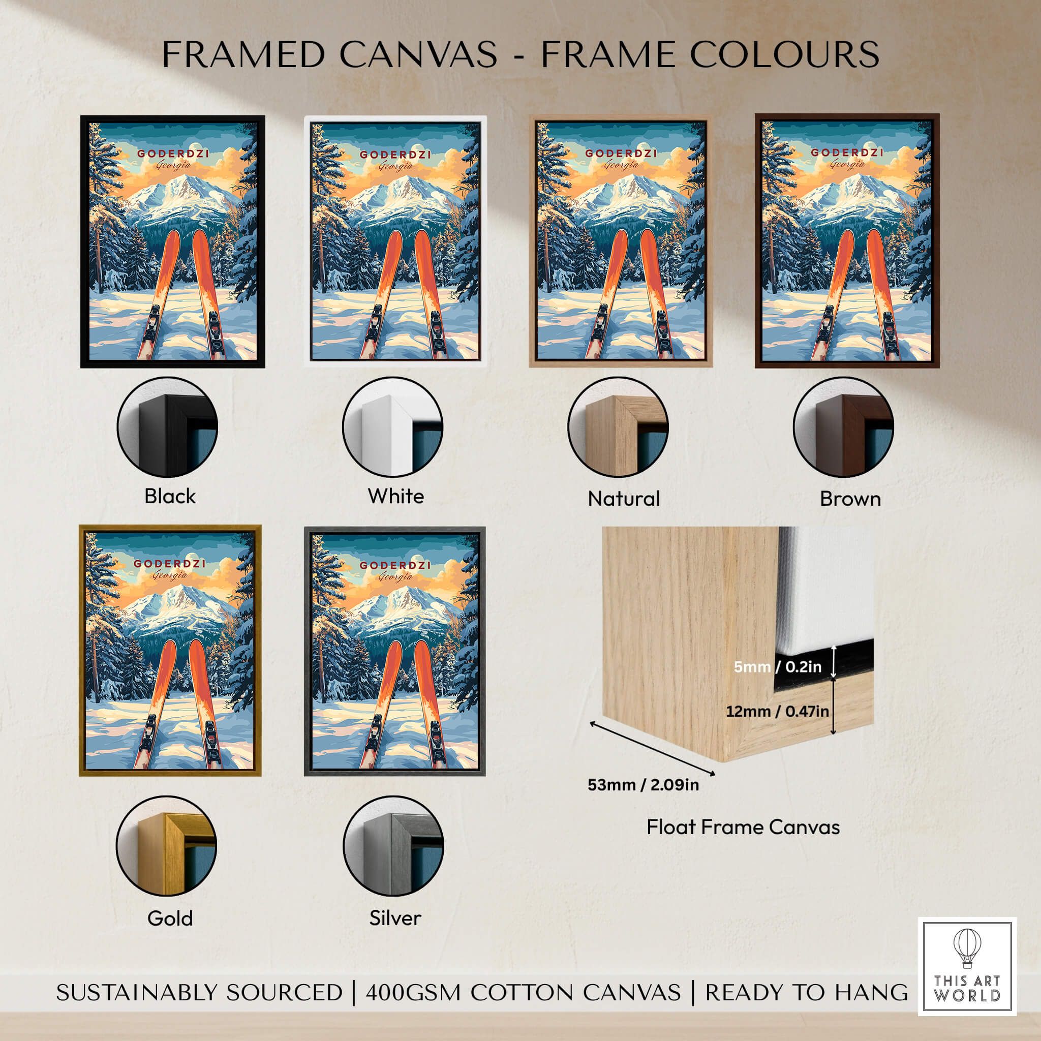 Framed Goderdzi Ski Wall Art Print Georgia options in various frame colors including black, white, natural, brown, gold, and silver.